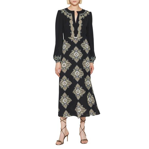Etro Dresses & Skirts - ETRO Navy Blue Embroidered Geo Print Cady Long Sleeve A-line Midi Dress 46 US 10